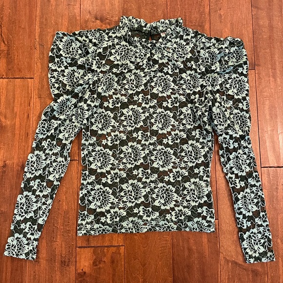 Anthropologie Dolan Green Lace Long Sleeve Ruffle Collar Puff SleeveTop Sz Small - Picture 4 of 12